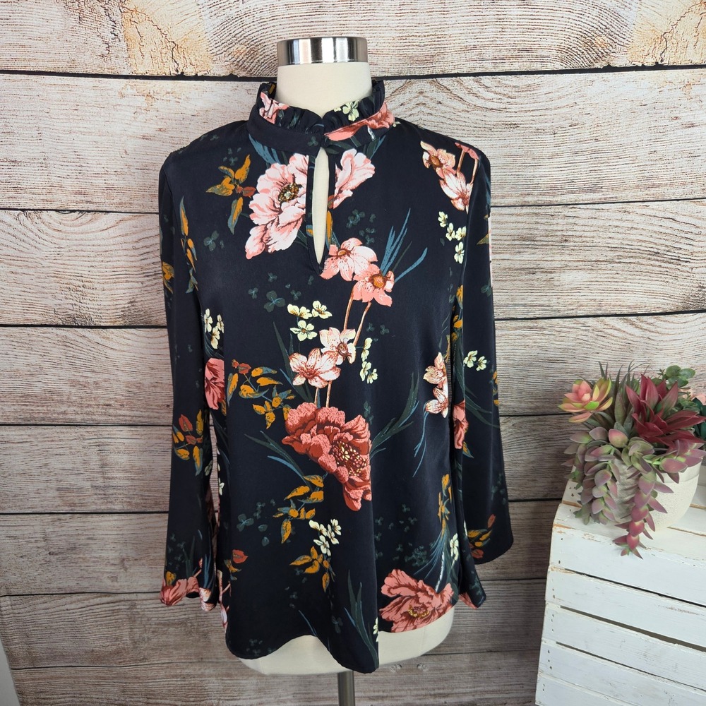 Lark & Ro Womens Navy Floral Ruffle High Neck Keyhole Bell Sleeve Blouse‎ Size 6